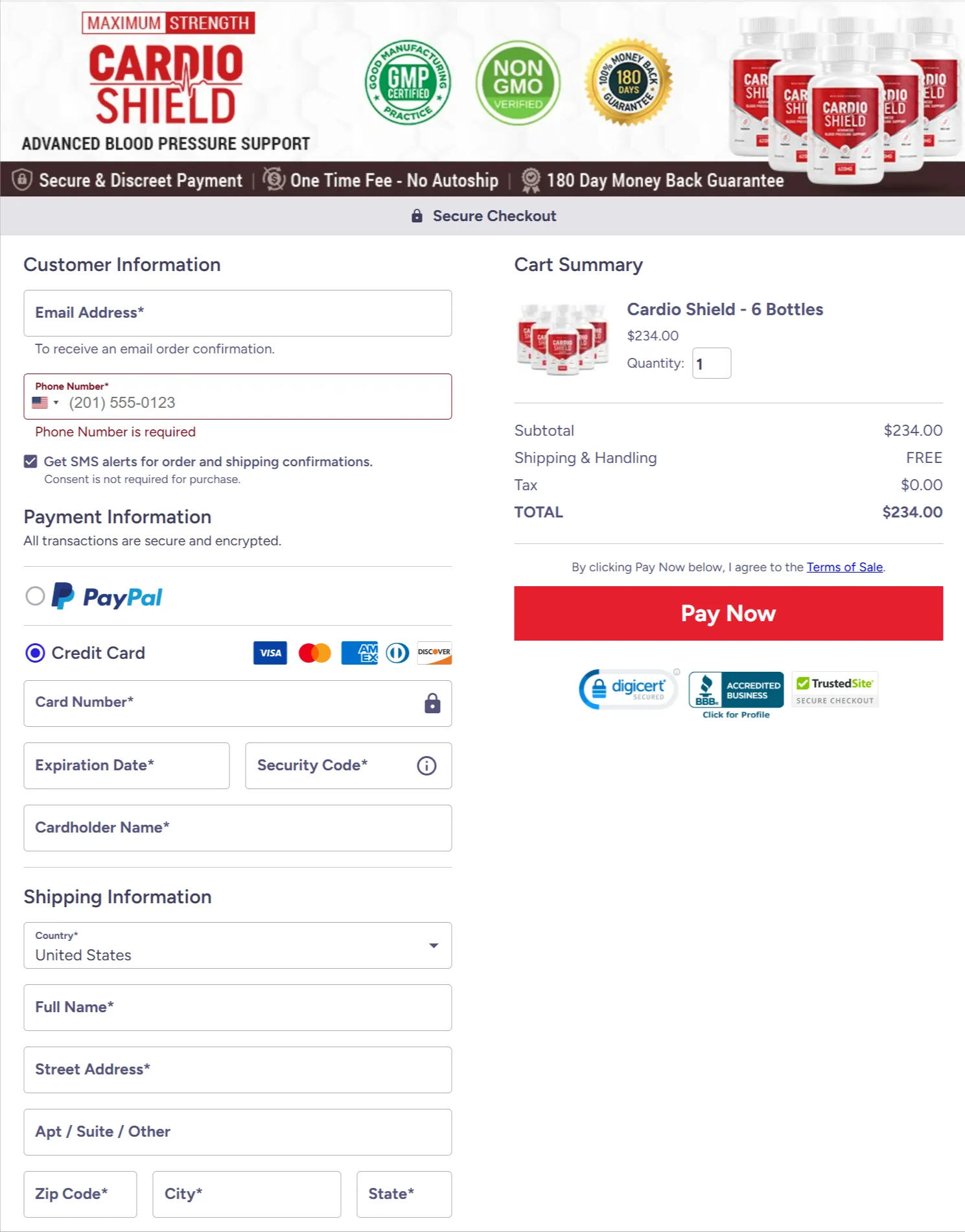 Cardio Shield checkout page
